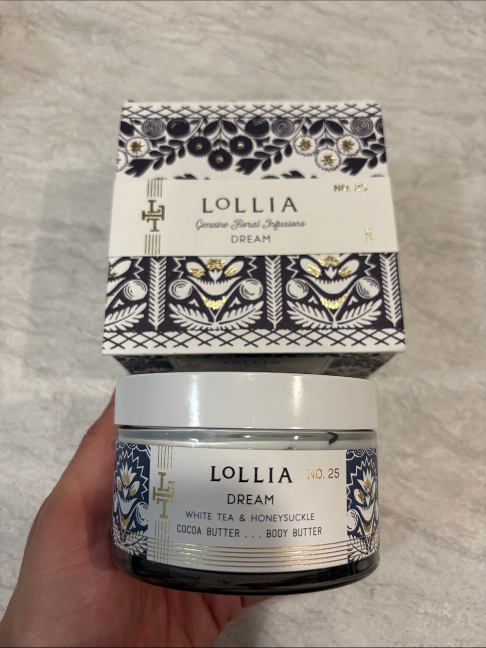 Lollia Dream White Tea & Honeysuckle Body Butter - Navy, White & Gold